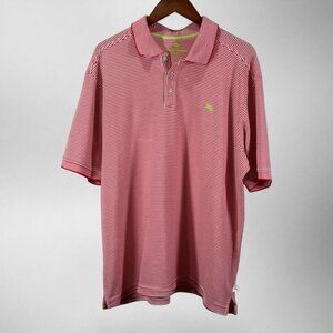 Tommy Bahama Polo Shirt XL Red White Striped Supima Cotton Marlin Logo